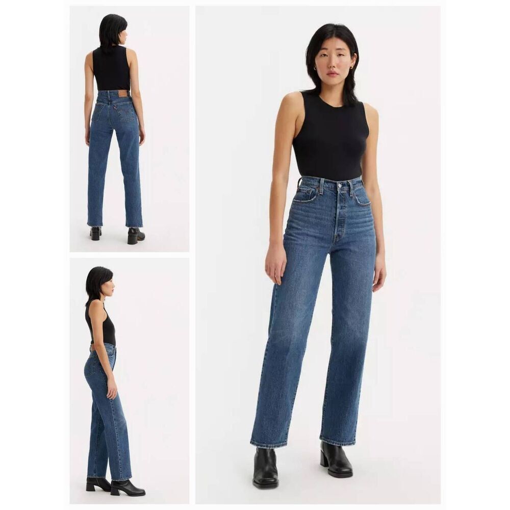 Levi's Ribcage Straight Ankle Jeans Button Fly Mid / Dark Wash Sz. 32